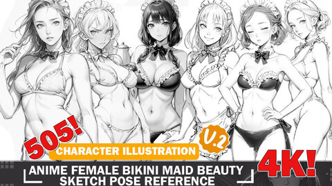 505 Various Anime Bikini Maid Beauty Sketch Pose Characters Intricate Design Reference Art V2 4K