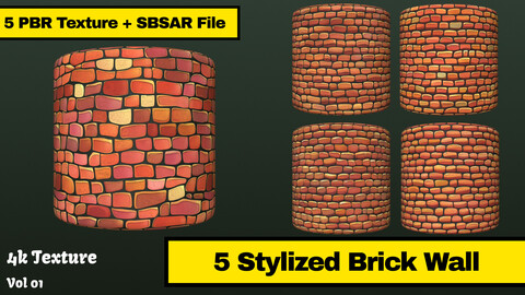 Stylized Brick Wall - PBR Texture + SBSAR File - Vol 1