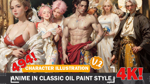 494 Anime in Classic Oil Paint Style Diverse Outfits Intricate Designs and Reference Art V2 4K