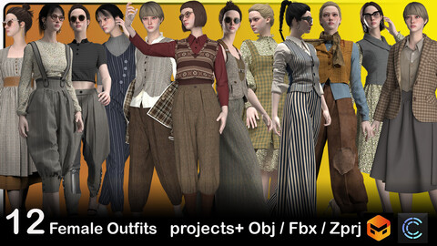 12 Female outfits Marvelous designer / Clo3D Project (ZPRJ+FBX+OBJ Files)