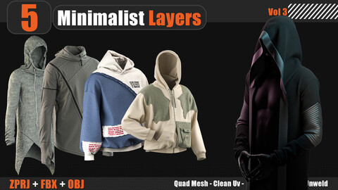 5 Minimalist Layers Hoodies Vol3 (MARVELOUS DESIGNER AND CLO3D : ZPRJ, OBJ, FBX,Clean UV)