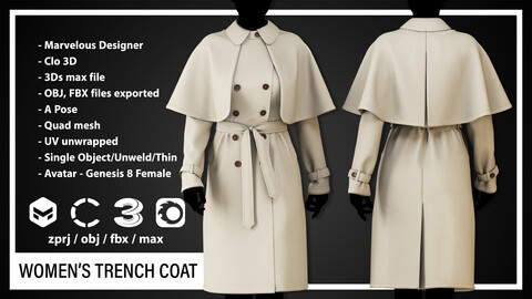 WOMEN’S TRENCH COAT (CLO3D, MD PROJECTS+OBJ+FBX+.max)