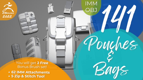 141 Pouches and Bags IMM + OBJ files | (Leather, Military Pouches)  + 2 Free IMM Brushes (Resources version)