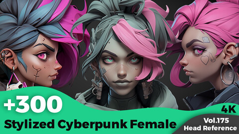 +300 Stylized Cyberpunk Female Head Sculpt Reference(4k)