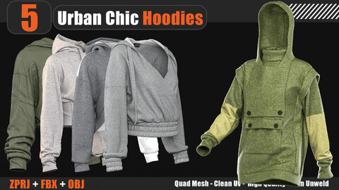 5 Urban Chic Hoodies Vol4 (MARVELOUS DESIGNER AND CLO3D : ZPRJ, OBJ, FBX,Clean UV)