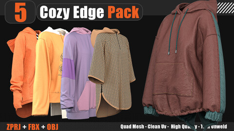 5 Cozy Edge Pack Hoodies Vol 6 (MARVELOUS DESIGNER AND CLO3D : ZPRJ, OBJ, FBX,Clean UV)