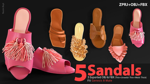 5 Sandals Pack(VOL.01). Marvelous Designer/Clo3D project file+OBJ,FBX