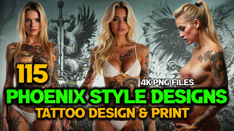 115 Phoenix style Tattoo Design and Print Art ( PNG Files )-4K High Quality