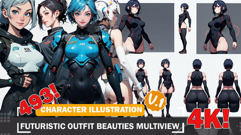 493 Futuristic Outfit Beauties Multiview Diverse Outfit Character Design Reference Art V1 4K