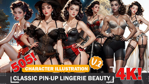 505 Classic Pin-Up Lingerie Beauties Diverse Character and Outfit Reference Intricate Design Ideas V2 4K