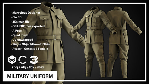 MILITARY UNIFORM (CLO3D, MD PROJECTS+OBJ+FBX+.max)