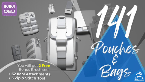 141 Pouches and Bags for ZBrush | IMM + OBJ files | (Leather bag, Military Pouch) + 2 Free IMM Brush set