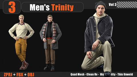 3 Men's Trinity - Vol. 3 (MARVELOUS DESIGNER AND CLO3D : ZPRJ, OBJ, FBX,Clean UV)