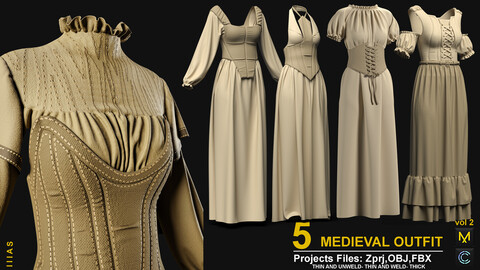 5 MEDIEVAL OUTFIT VOL2(MARVELOUS DESIGNER AND CLO3D)ZPRJ, OBJ, FBX,UV)4K TEXTUER ( SUBSTANCE PINTER )