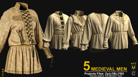 5 MEDIEVAL OUTFIT VOL2(MARVELOUS DESIGNER AND CLO3D)ZPRJ, OBJ, FBX,UV)4K TEXTUER ( SUBSTANCE PINTER )