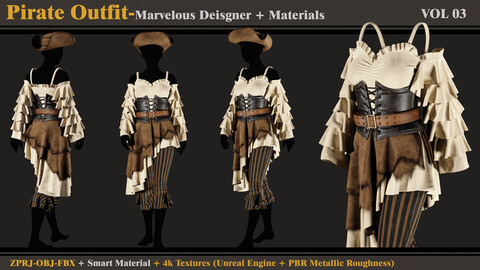 Pirate Outfit-FEMALE-MD/Clo3d + Smart Material + 4K Textures + OBJ + FBX (vol 03)