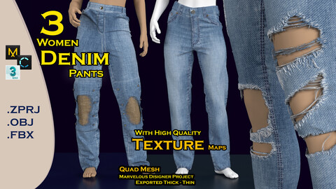 3 Women Denim Pants with textures / mervelous designer product .Zprj / .Fbx / .Obj