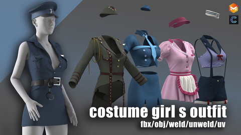 6 girl's outfit/clo3d/costume dress/marvelous/female sailor/waitress/policewoman/military women clothes/flight attendant