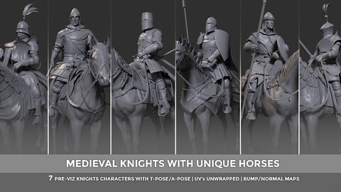 Medieval Knights Character Bundle | UV's unwrapped | Pre-Viz Characters | T-Pose | FBX | OBJ | Normal Maps.