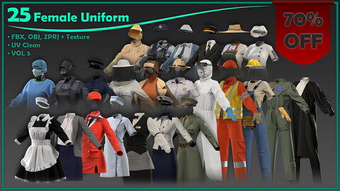 25 female uniform with texture/ zprj+obj+fbx+4K PBR/ clo3d, marvelous designer/ mega pack vol5