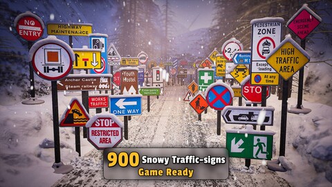 900 Snowy Traffic Signs Collection - Game Ready