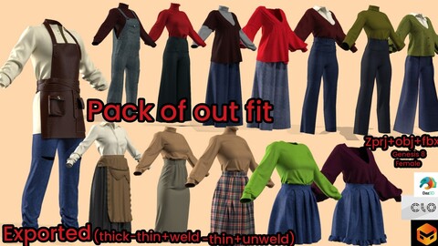 pack of Women  and men`s Outfit Marvelous / CLO Project file ZPRJ (A Pose, and Clo3d Textures) OBJ  with Textures FBX with Textures UV Ready Avatar : DAZ Studio. Genesis 8 Female Base