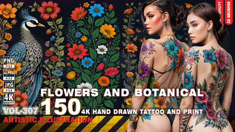 150 4K HAND DRAWN FLOWERS AND BOTANICAL FOR TATTOO AND PRINT - ARTISTIC ILLUSTRATION - HIGH END QUALITY - (JPEG & TRANSPARENT PNG & ALPHA ) - VOL307