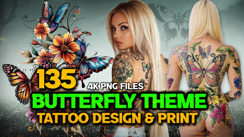 135 Butterfly Theme Tattoo Design and Print Art ( PNG Files )-4K High Quality