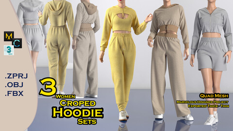 3 Cropped Hoodie Sets for women/ Marvelous designer product .Zprj / .Fbx / .Obj