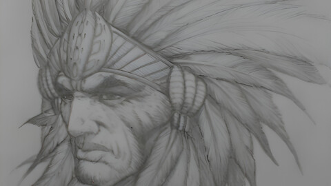 Fierce Native American Chief Portrait - Original Sketch Art by RJD