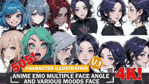 505 Anime Emo Girls Multiple Face Angle and Mood face Reference Art Diverse Character and Outfit Guide Intricate Design Art V1 4K