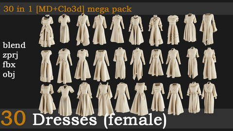 30 Dresses[fbx+obj+zprj+blend][md+clo3d]mega pack