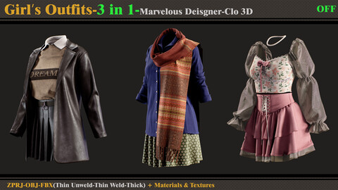 3 in 1 Girl's Outfits- MD/Clo3d (OBJ + FBX +ZPRJ)+Materials+Textures (vol13-OFF)