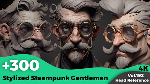 +300 Stylized Steampunk Gentleman Head Sculpt Reference Images(4k)