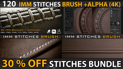 120 IMM Stitches, Sewing Brush for Zbrush and Substance Painter( Alpha_4k )+ obj & fbx+ Video Tutorial- Bundle ( 30% OFF_ FULL PACK )