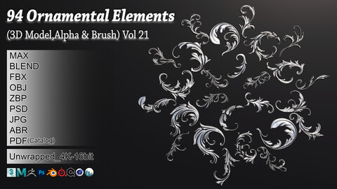 94 Ornamental Elements Brush + Alpha + 3D Model Vol 21