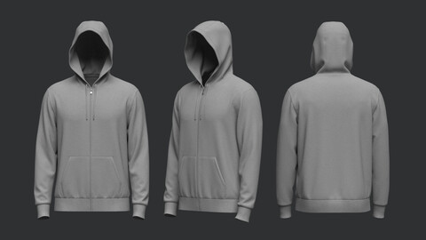 Male Front Zip Hoodie_Hood Up 3D Model