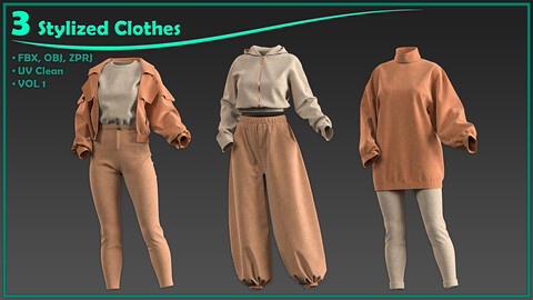 3 female stylized clothes/ zprj+obj+fbx/ clo3d, marvelous designer/vol1