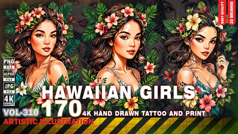 170 4K HAND DRAWN HAWAIIAN GIRLS FOR TATTOO AND PRINT - ARTISTIC ILLUSTRATION - HIGH END QUALITY - (JPEG & TRANSPARENT PNG & ALPHA ) - VOL310