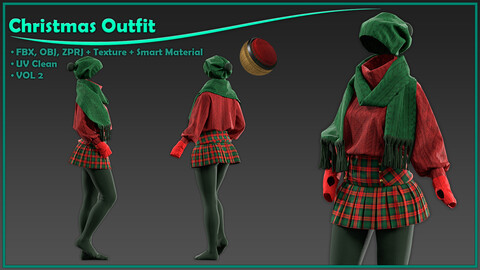 female Christmas outfit with texture and smart material/ zprj+obj+fbx+4K PBR+SPSM/ clo3d, marvelous designer/ vol2