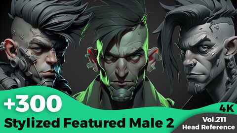 +300 Stylized Featured Male 2 Head Sculpt Reference Images(4k)