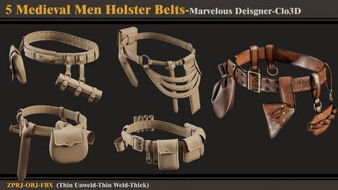 5 Medieval Men Holster Belts/Marvelous Designer-Clo3D(ZPRJ + FBX + OBJ)