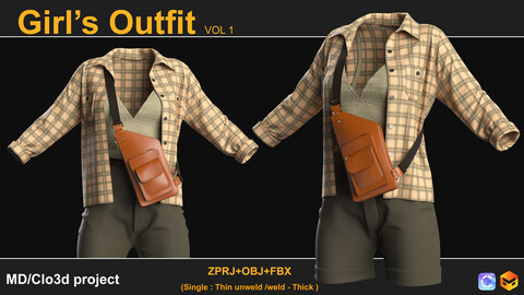 Girl's Outfit (VOL.01). Marvelous Designer/Clo3D project file + OBJ,FBX