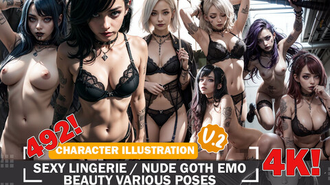 492 Sexy Nude Lingerie Goth Emo Beauties Various Poses Diverse Outfit Character Design Reference Art V2 4K