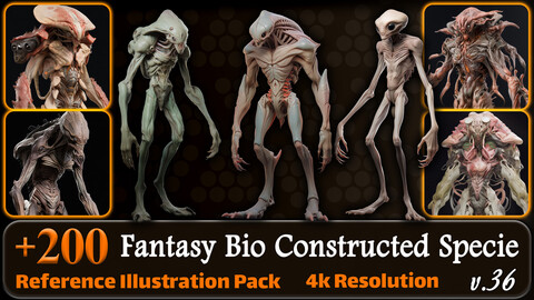 200 Fantasy Bio Constructed Specie Alien Reference Pack | 4K | v.36