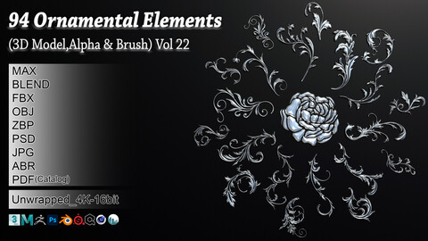 94 Ornamental Elements Brush + Alpha + 3D Model Vol 22