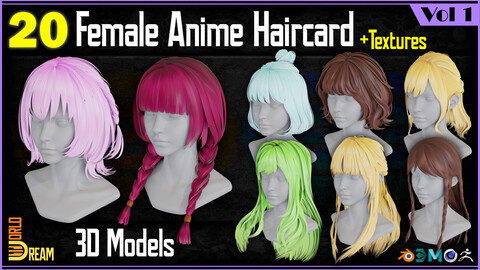 20 Female Anime Haircard 3D Models | Vol 1