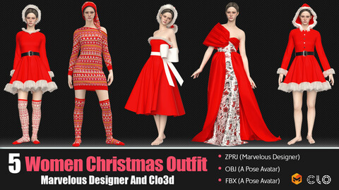 5 Women's Christmas Outfit (CLO3D, MD PROJECTS+OBJ+FBX) Vol 01