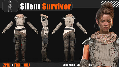 Silent Survivor - Post-Apocalyptic Women's Outfit (MARVELOUS DESIGNER AND CLO3D & Max2021 : ZPRJ, OBJ, FBX,Clean UV)