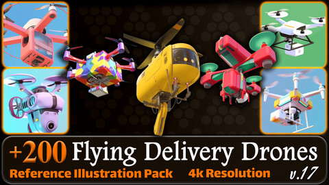 200 Fantasy Flying Delivery Drones Reference Pack | 4K | v.17